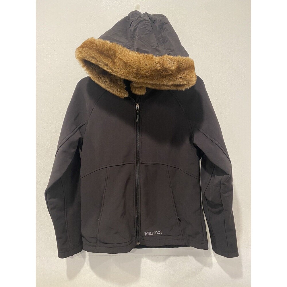 Marmot Women's Black Furlong Fleece Lined Faux Fur Trim Hood Jacket Sz Medium